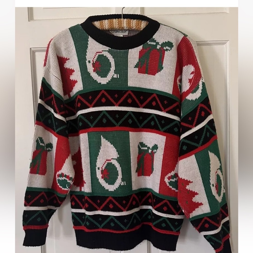 Vintage 80s 90s Christmas Holiday Colorblock Intarsia Jumper Sweater M